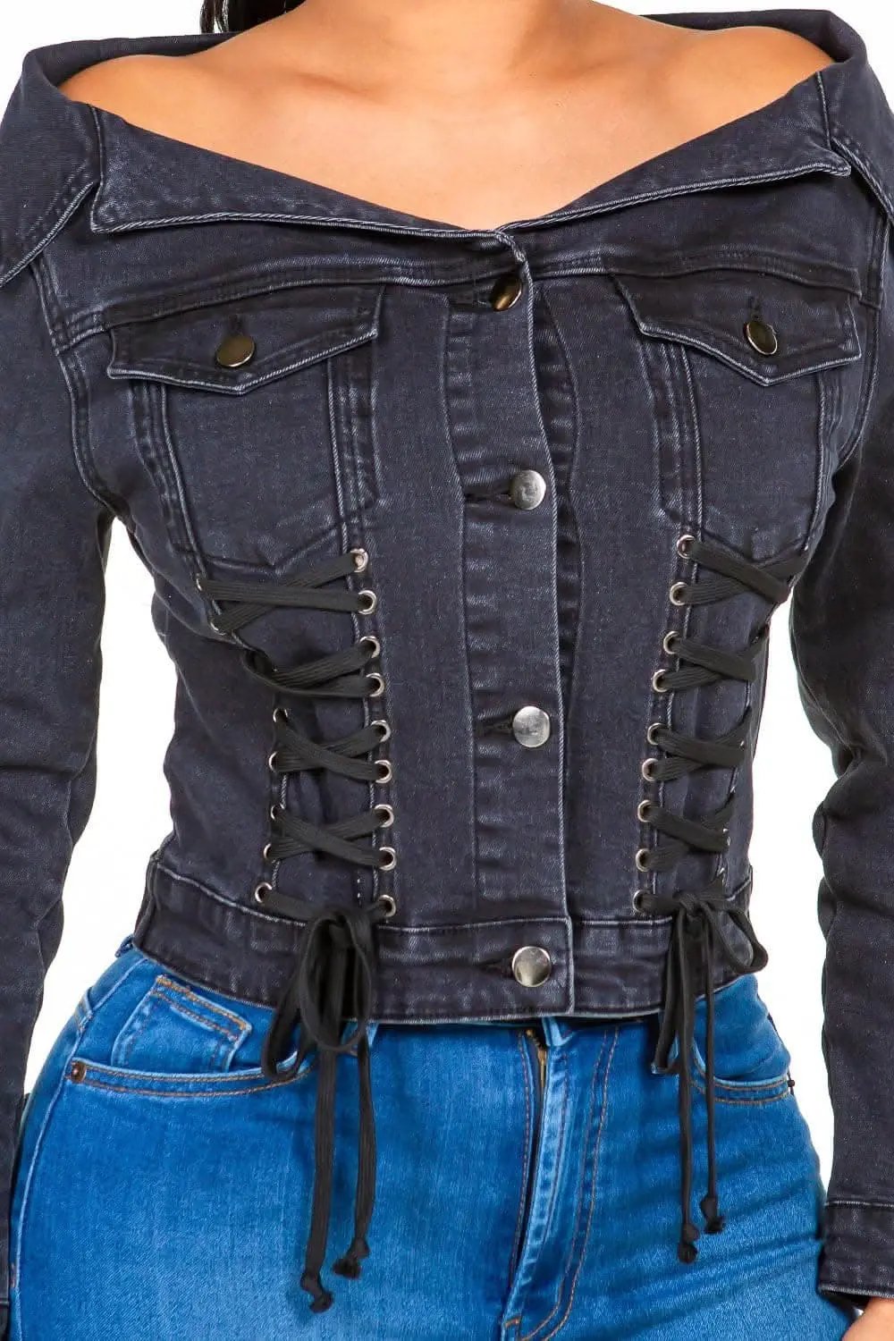 Chic off-shoulder lace-up denim jacket - Love Salve